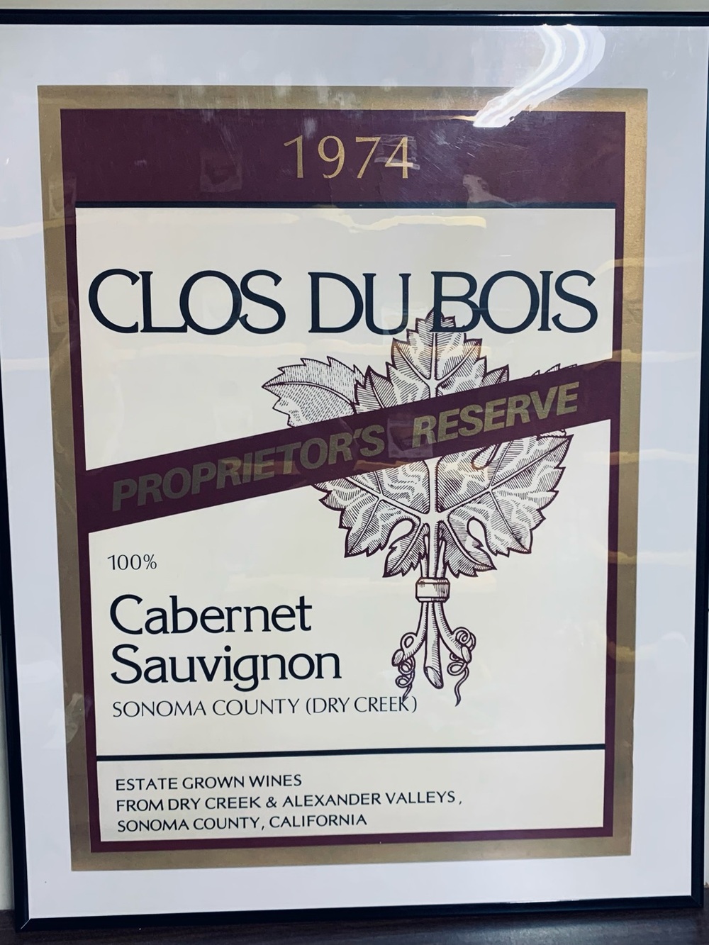 Clos Du Bois 1974 Cabernet Sauvignon Proprietors Reserve Wine Art Poster.